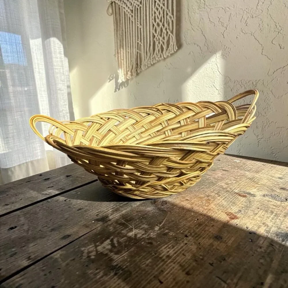 Round Woven Wicker Boho Vintage Decorative Basket Natural Color